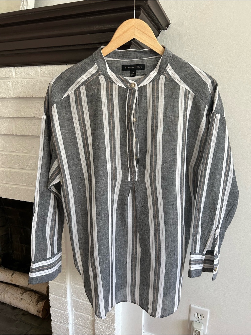 Banana Republic Gray and White Vertical Stripe Buttoned Pullover